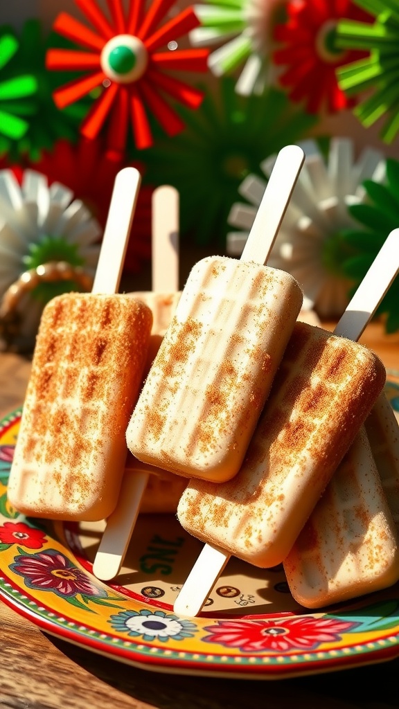 Cinnamon Sugar Paletas: Delightful Treat for Cinco de Mayo Colorful plate of cinnamon sugar paletas ready for Cinco de Mayo celebration, garnished with festive decorations.